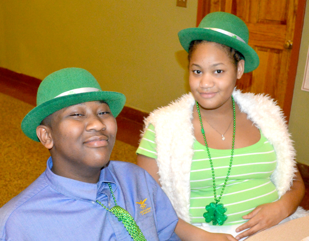 Middle Schoolers Evan and Kiavana wore green hats!
