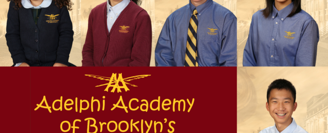 Adelphi Academy of Brooklyn's December 2019 Students of the Month: Isabella (Lower School), Svetlana (Middle School), Yura (Upper School), Jessica (Student-Artist) and Warren (Scholar-Athlete).