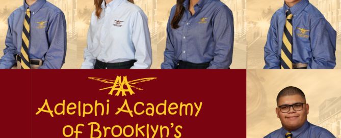 Adelphi Academy of Brooklyn's January 2020 Students of the Month: Saba (Lower School), Dannielle (Middle School), Raneem (Upper School), Aiden (Student-Artist) and Timothy (Scholar-Athlete).