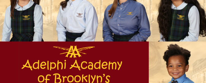 Adelphi Academy of Brooklyn's November 2019 Students of the Month: Nicole (Lower School), Rebecca (Middle School), Ilona (Upper School), Emma (Student-Artist) and Maverick (Scholar-Athlete).