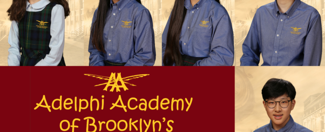 Adelphi Academy of Brooklyn's October 2019 Students of the Month: Annamaria (Lower School), Tiffany (Middle School), Maxelle (Upper School), Reena (Student-Artist) and William (Scholar-Athlete).