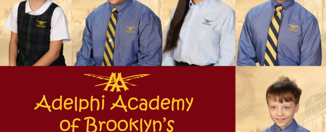 Adelphi Academy of Brooklyn's September 2019 Students of the Month: Mary (Lower School), Nicholas (Middle School), Susan (Upper School), Yevgen (Student-Artist) and Mark (Scholar-Athlete).