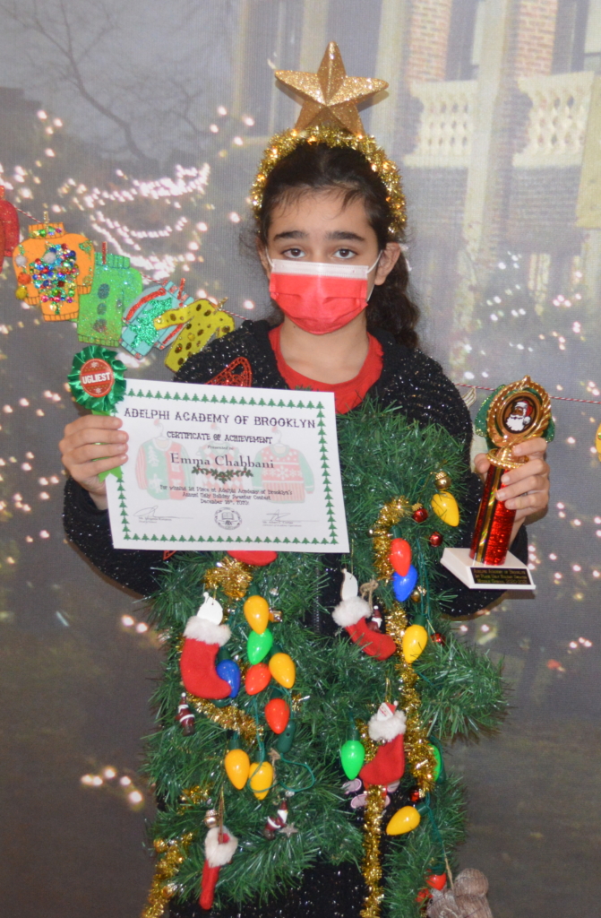 Emma won first prize in the Middle School Ugly Holiday Sweater Contest!