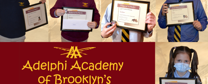 Adelphi Academy of Brooklyn's November 2020 Students of the Month: David (Lower School), Nikolozi (Middle School), Jonathan (Upper School), Boris (Scholar-Athlete) and Nicole (Student-Artist).