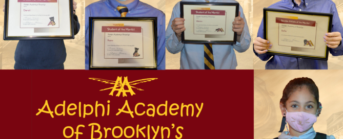 Adelphi Academy of Brooklyn's January 2021 Students of the Month (clockwise from top): Daniel (Lower School), Kenn (Middle School), Warren (Upper School), Bella (Scholar-Athlete) and Ella (Student-Artist).
