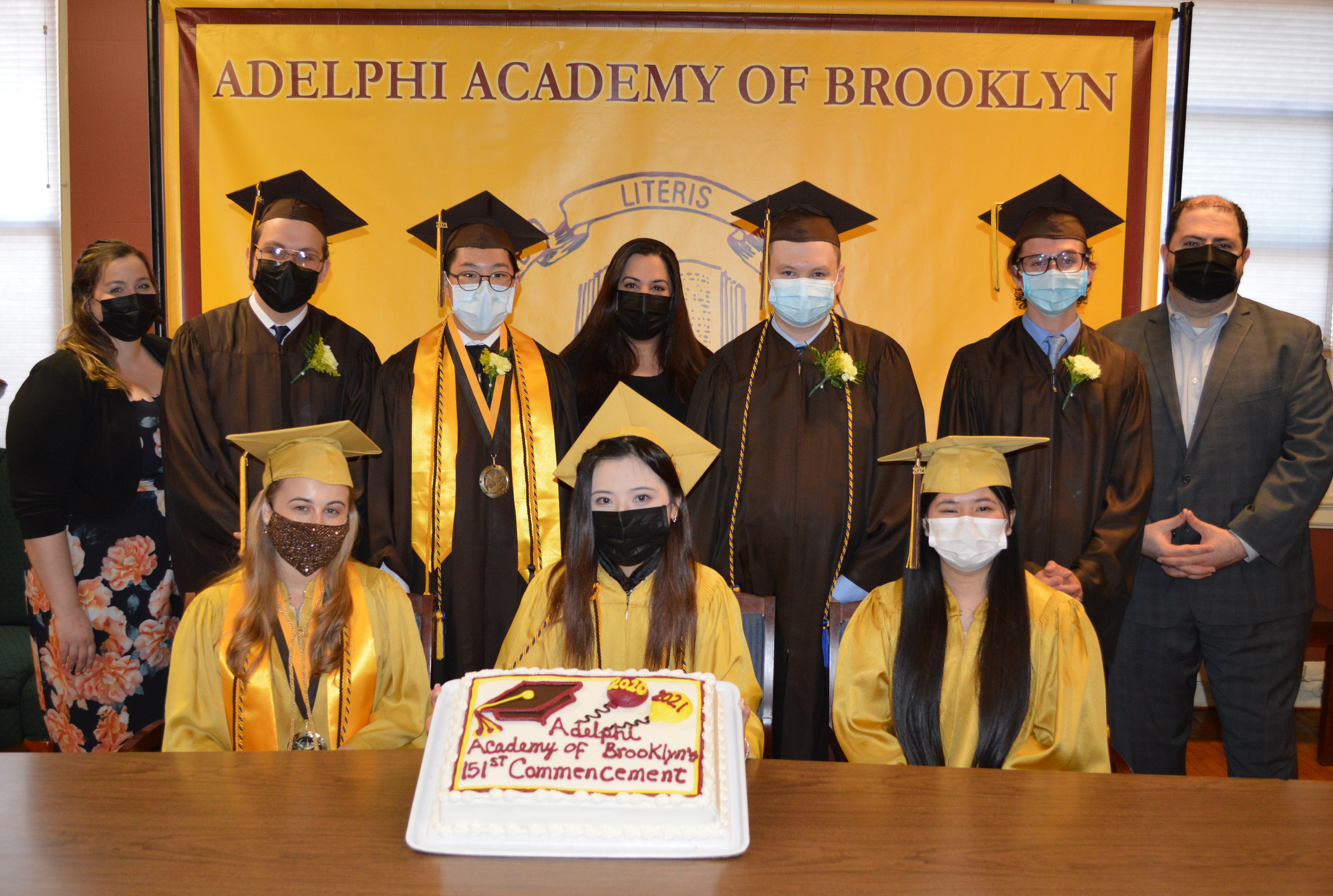 Head of School Ms. Iphigenia Romanos (center), Academy Guidance Counselor Ms. Megan Wynne (left) and Director of Academy Operations Mr. Albert C. Corhan (right) congratulate members of Adelphi’s Class of 2021 after the ceremony!
