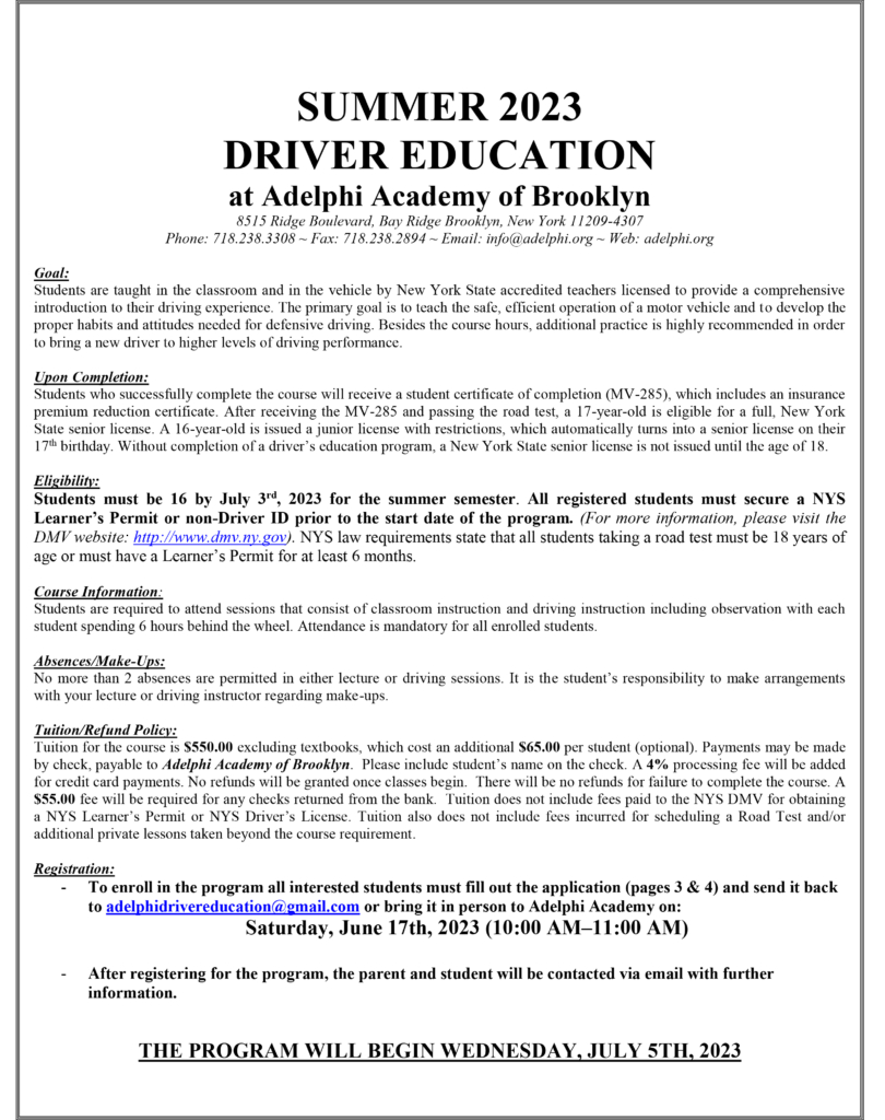 Summer Driver's Ed Letter and Application